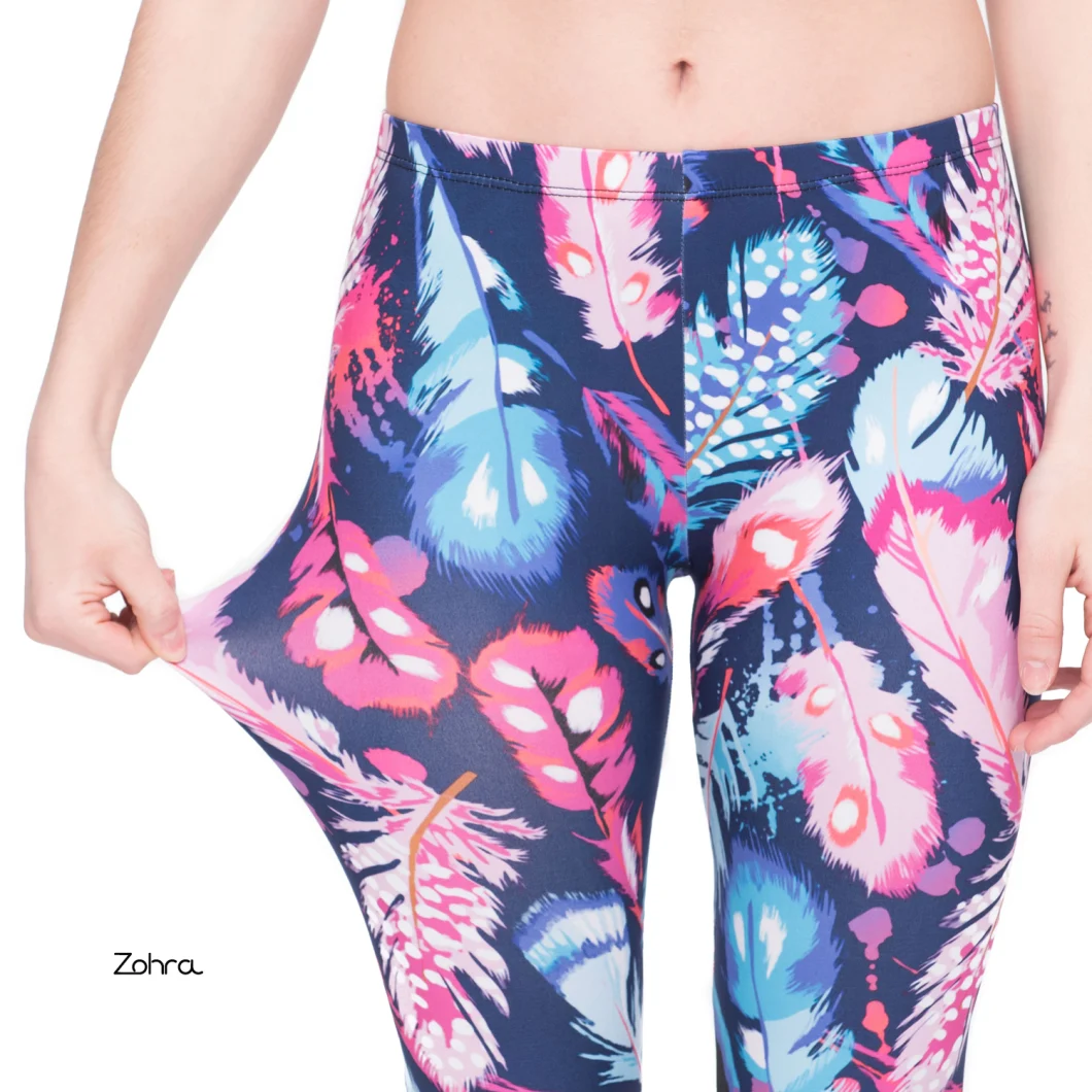Zohra Digital Print Feathers Color Fashion Women Cropped Pants Sexy Women Capri Leggings