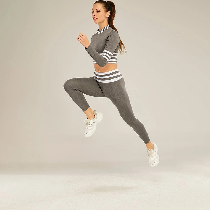 Seamless Workout Set High Waist Long Sleeve Crop Top Sports Legging Sets Two Piece Crop Yoga Cropped Jogging Set for Women