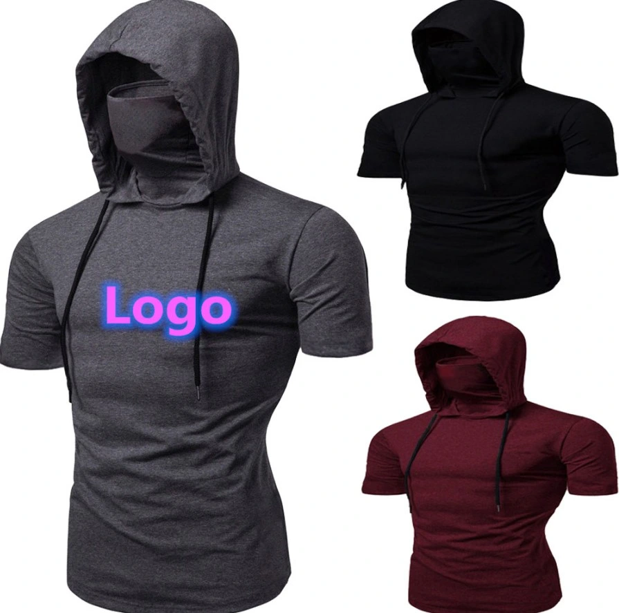 Custom Logo Hooded T Shirt Men Casual Elastic Solid Fitness Tshirt Slim Fit Streetwear Male M-3XL Short-Sleeved Masked Hoodie