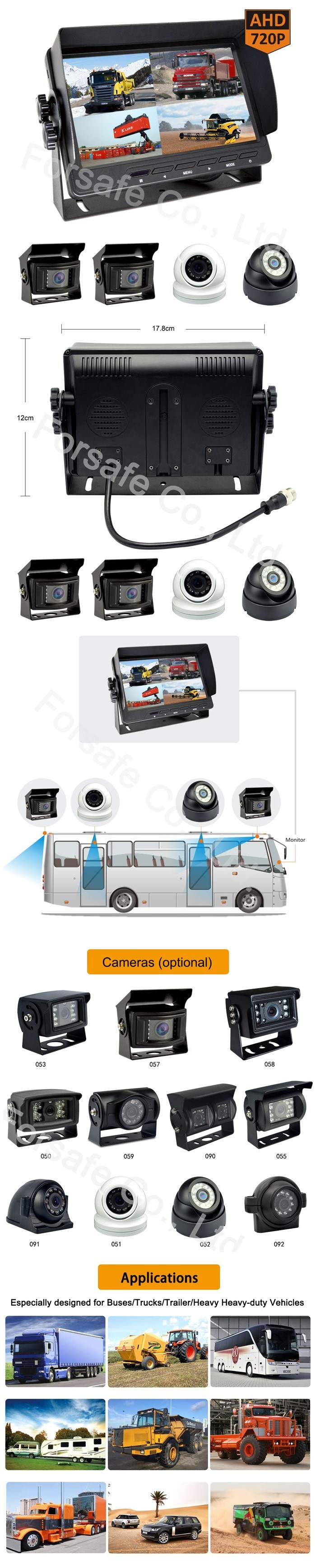 7" Quad View Bus/Truck Heavy-Duty Rearview Camera System