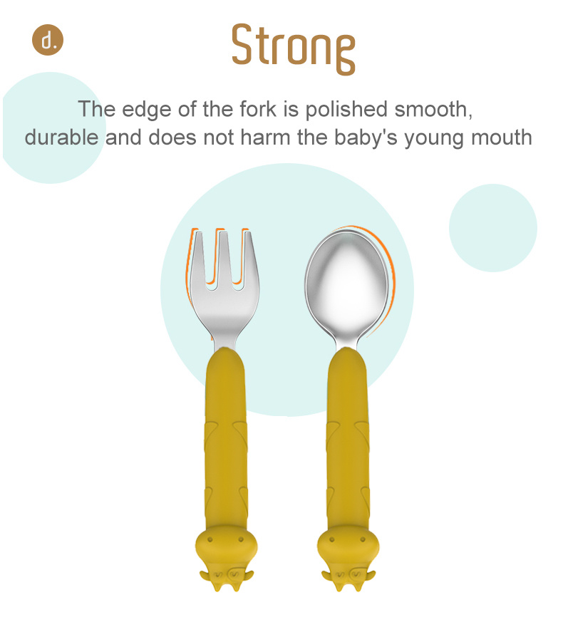 BPA Free Food Grade Silicone Baby Feeding Spoon and Fork Set Baby Spoon Stainless Steel Spoon