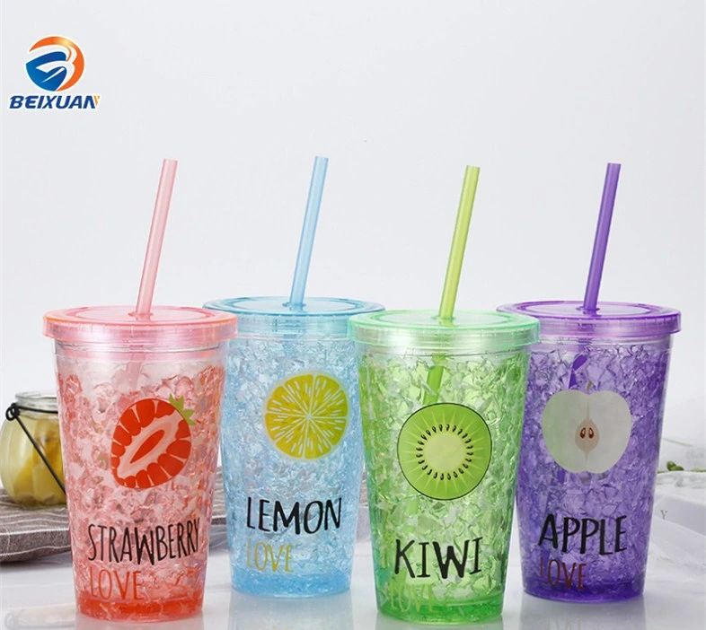 Promotional Custom Creative Summer Ice Fresh Plastic Long Drink Cups, Straw Cooling Cup