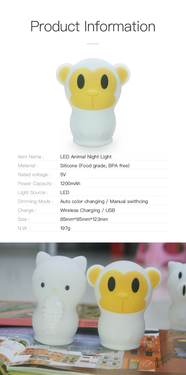 Cat Wireless RGB Colorful LED Waterproof Night Light with Soft Silicone Lamp for Baby Kids Bedroom