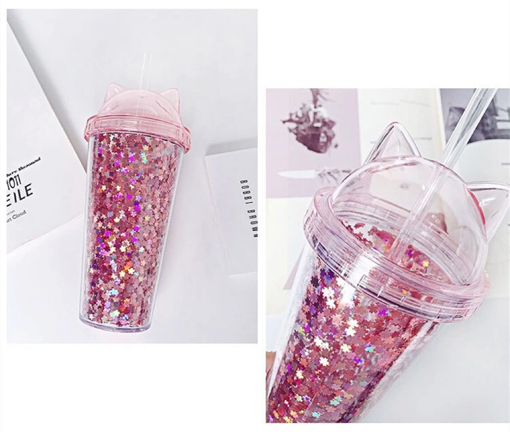 450ml/16oz Cute Cartoon Cat Ear Straw Cup Plastic Juice Cup Juice Cup BPA-Free