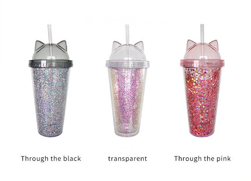 450ml/16oz Cute Cartoon Cat Ear Straw Cup Plastic Juice Cup Juice Cup BPA-Free