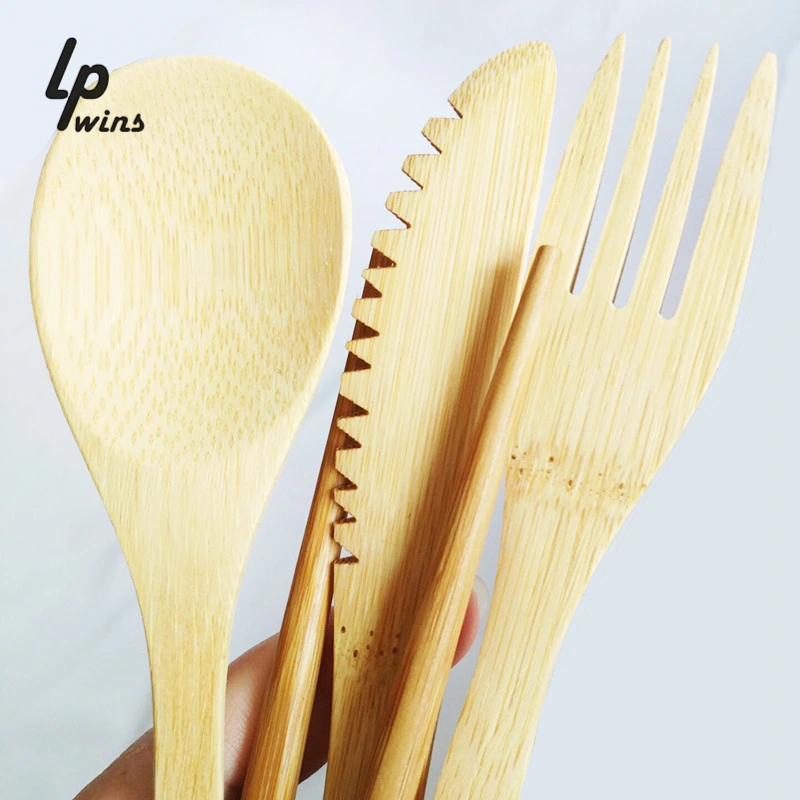 Wholesale Customized Eco-Friendly Home Gift Wooden Bamboo Knife Spoon Chopsticks Tableware with Storage Pouch