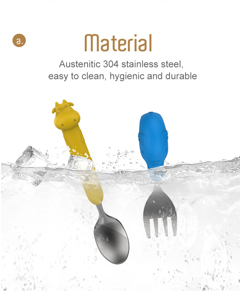 BPA Free Food Grade Silicone Baby Feeding Spoon and Fork Set Baby Spoon Stainless Steel Spoon