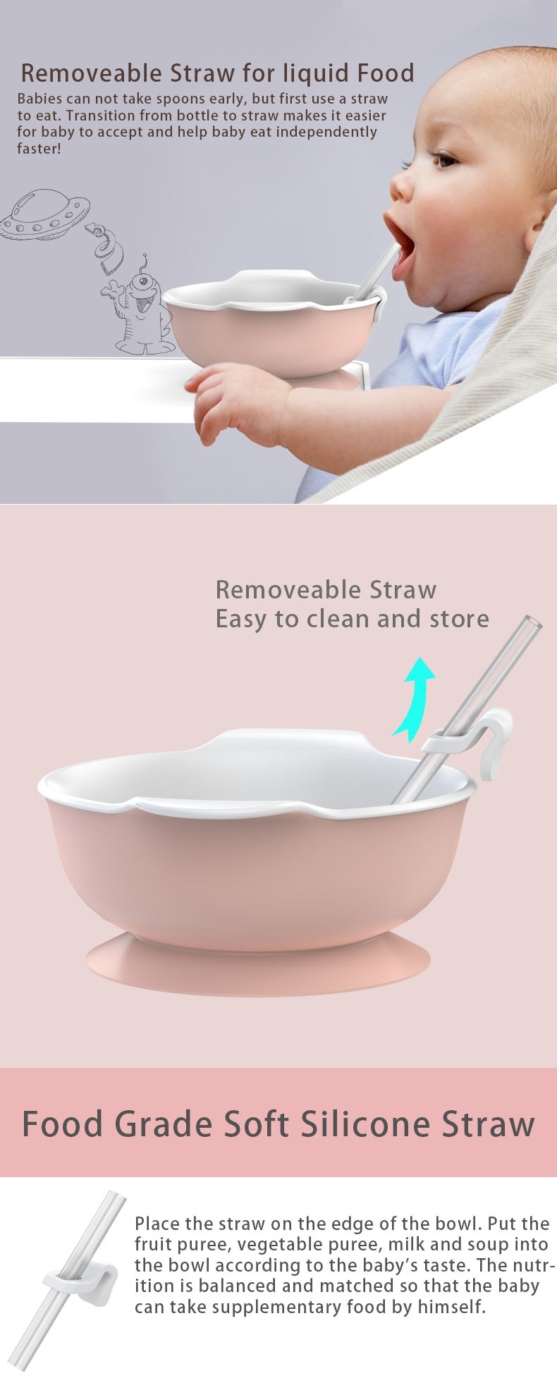 100% Food Grade Toddler First Stage Self Feeding Silicon Bowl with Straw Set BPA Free Super Suction Silicone Baby Bowl