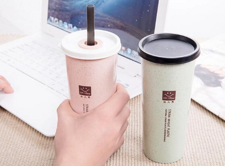 Wheat Straw Double Lid Plastic Straw Cup