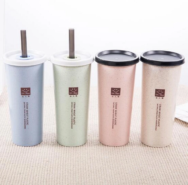 Wheat Straw Double Lid Plastic Straw Cup