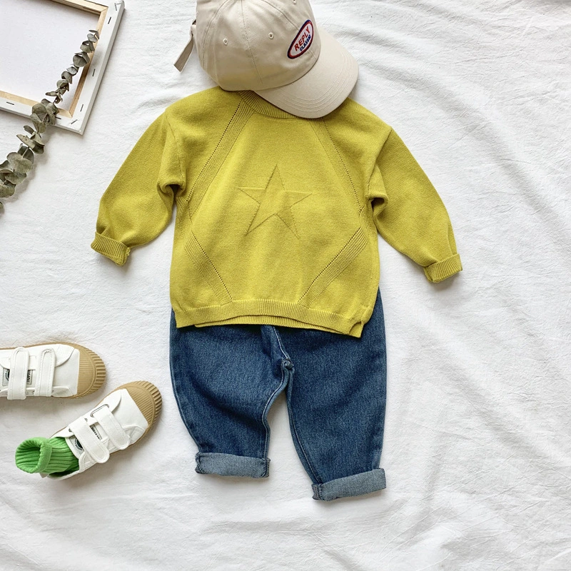 Korean Fashion Children Solid Color Sweater Spring 2021 New Baby Cotton Round Neck Sweater