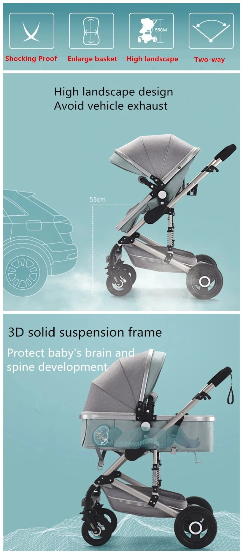 Whosale 3 in 1 Foldable Baby Stroller Pram with Car Seat