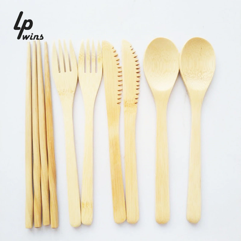 Wholesale Customized Eco-Friendly Home Gift Wooden Bamboo Knife Spoon Chopsticks Tableware with Storage Pouch