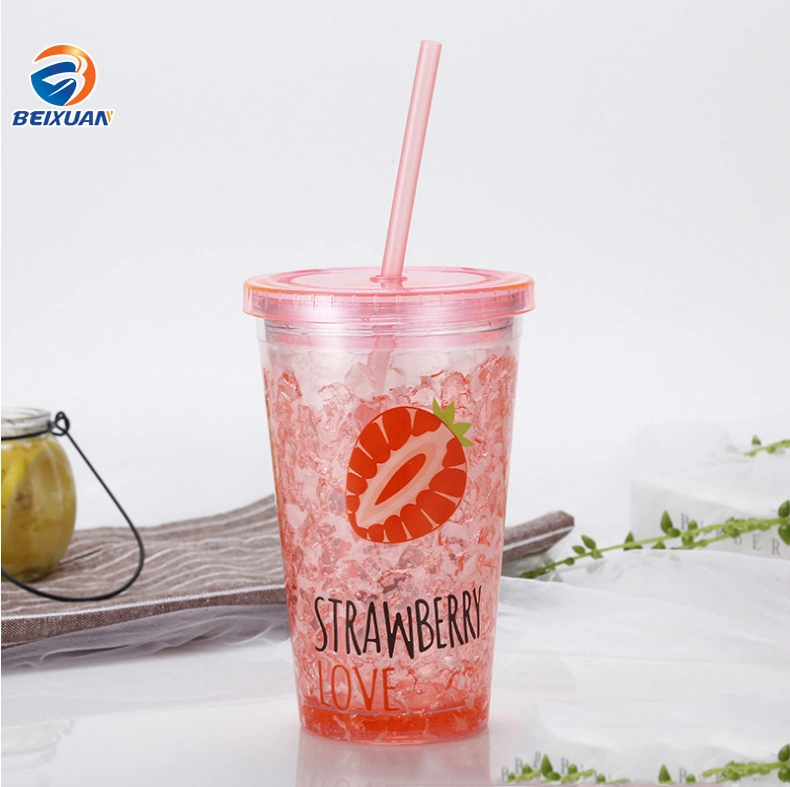 Promotional Custom Creative Summer Ice Fresh Plastic Long Drink Cups, Straw Cooling Cup