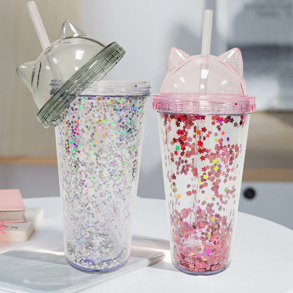 450ml/16oz Cute Cartoon Cat Ear Straw Cup Plastic Juice Cup Juice Cup BPA-Free