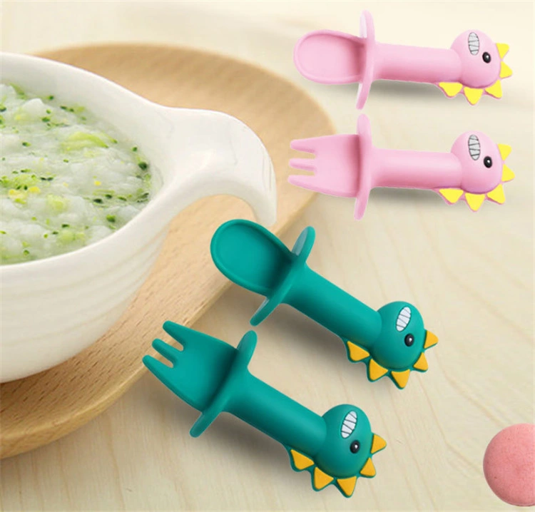 Custom Package Dinosaur Shape Soft Silicone Feeding Baby Spoon Set for Eating Training