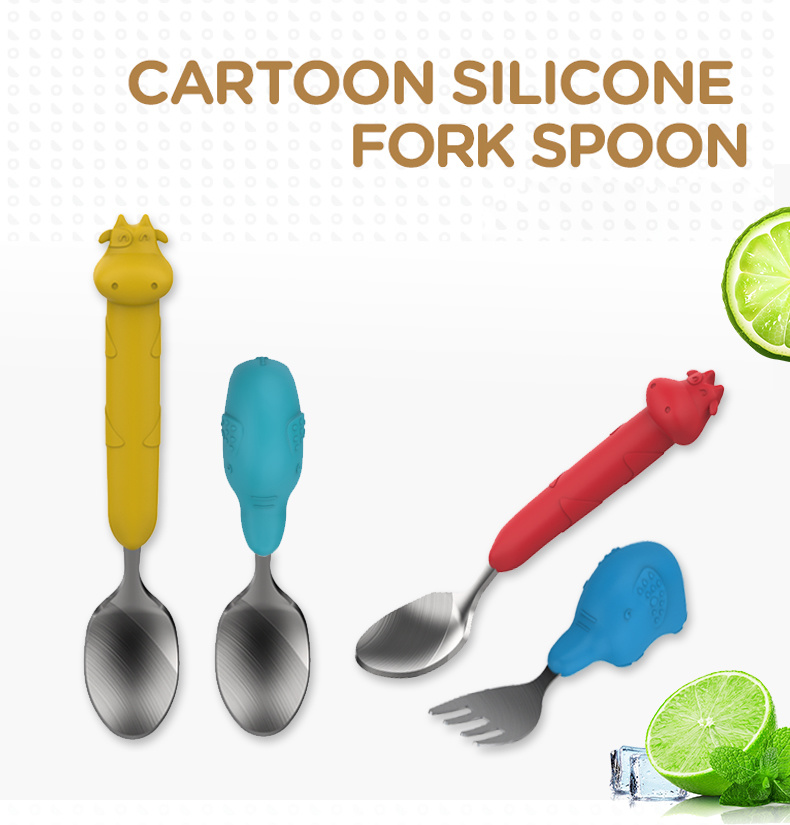 BPA Free Food Grade Silicone Baby Feeding Spoon and Fork Set Baby Spoon Stainless Steel Spoon