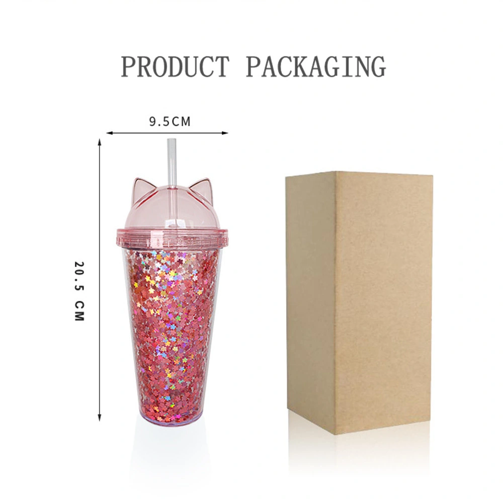 450ml/16oz Cute Cartoon Cat Ear Straw Cup Plastic Juice Cup Juice Cup BPA-Free