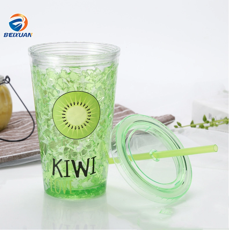 Promotional Custom Creative Summer Ice Fresh Plastic Long Drink Cups, Straw Cooling Cup