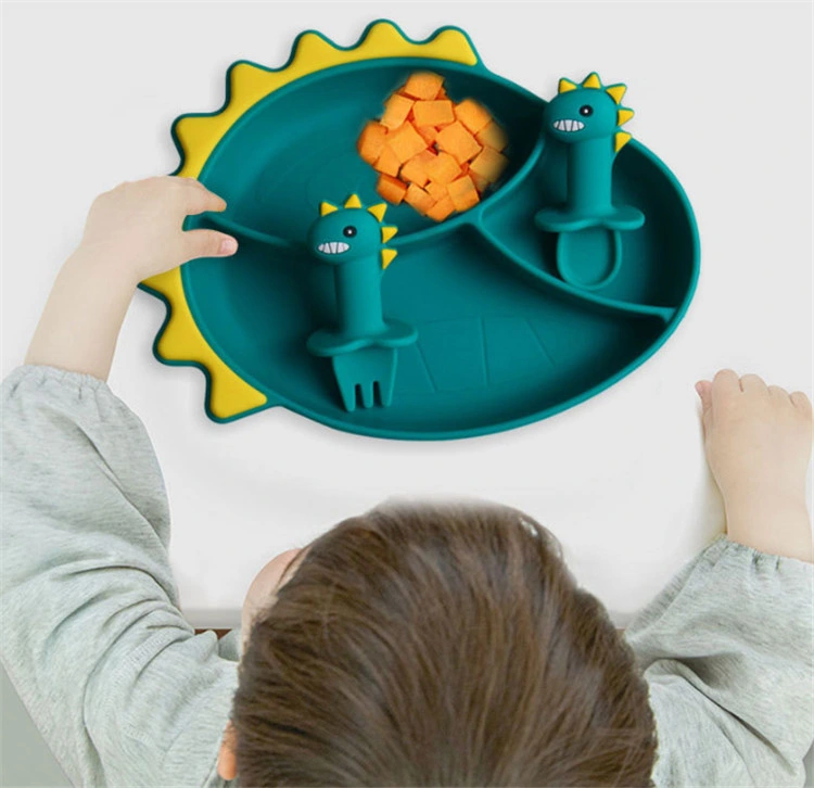 Dinosaur Shape Silicone Baby Feeding Divided Suction Plate with Spoon Set