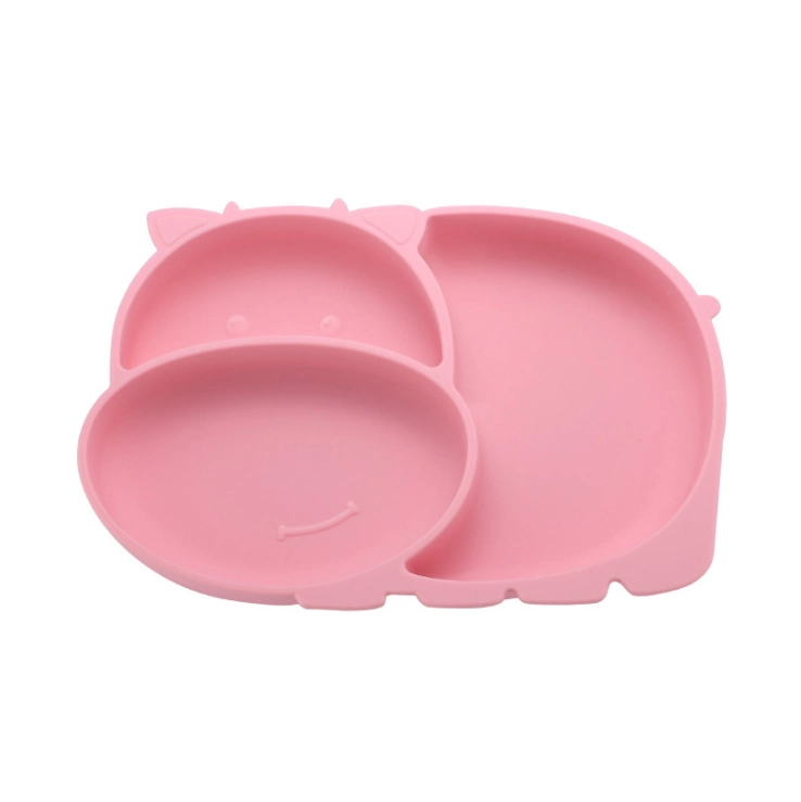 Customized Cartoon Shape Silicone Baby Dinner Divided Suction Baby Feeding Plate and Spoon Set
