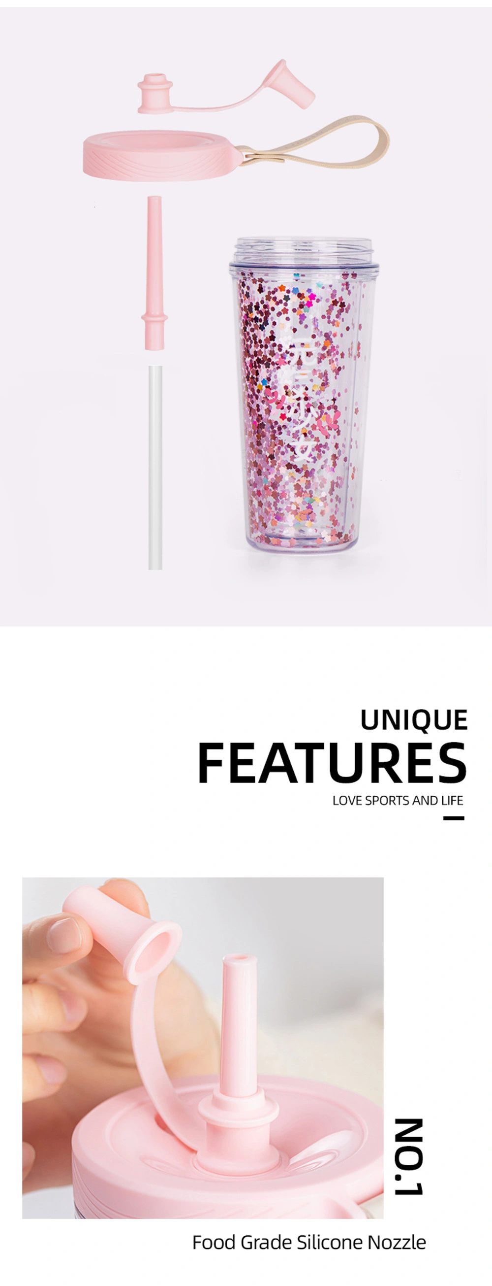 450ml/16oz New Sequin Straw Cup Dust Proof Plastic Cup Juice Cup BPA Free