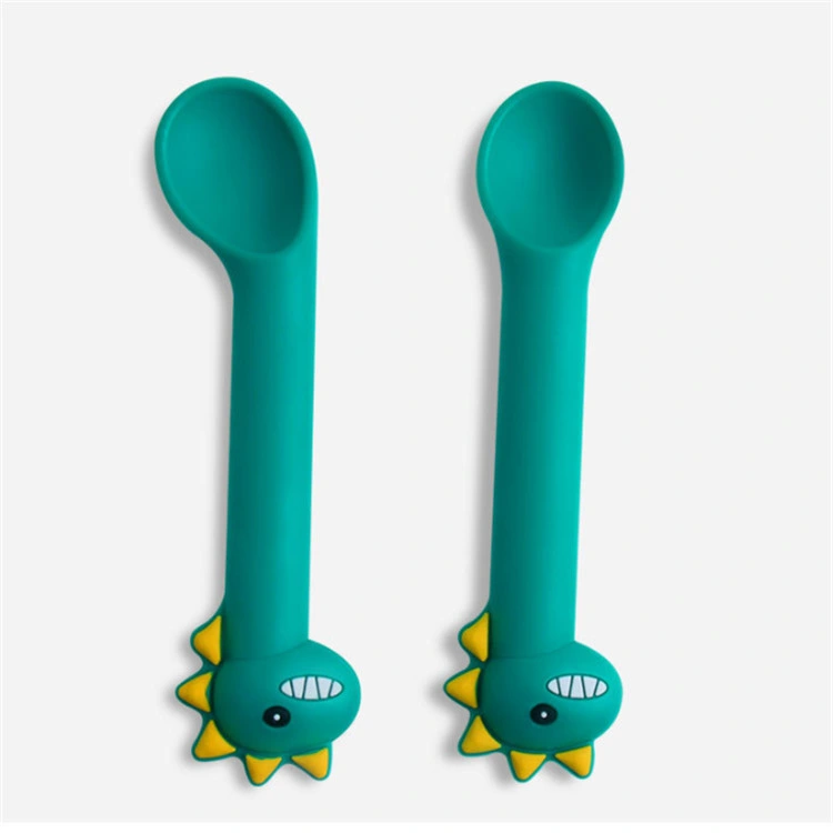 Custom Package Dinosaur Shape Soft Silicone Feeding Baby Spoon Set for Eating Training