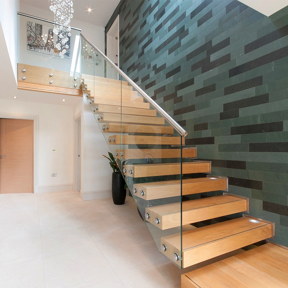 Inside Stair Modern House Residential Steel Stairs/ Floating Straight Staircase with Carbon Steel Stringer and Wood Steps Glass Steps Glass Railing