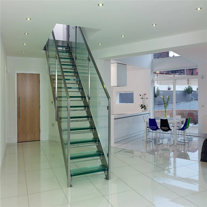 Inside Stair Modern House Residential Steel Stairs/ Floating Straight Staircase with Carbon Steel Stringer and Wood Steps Glass Steps Glass Railing