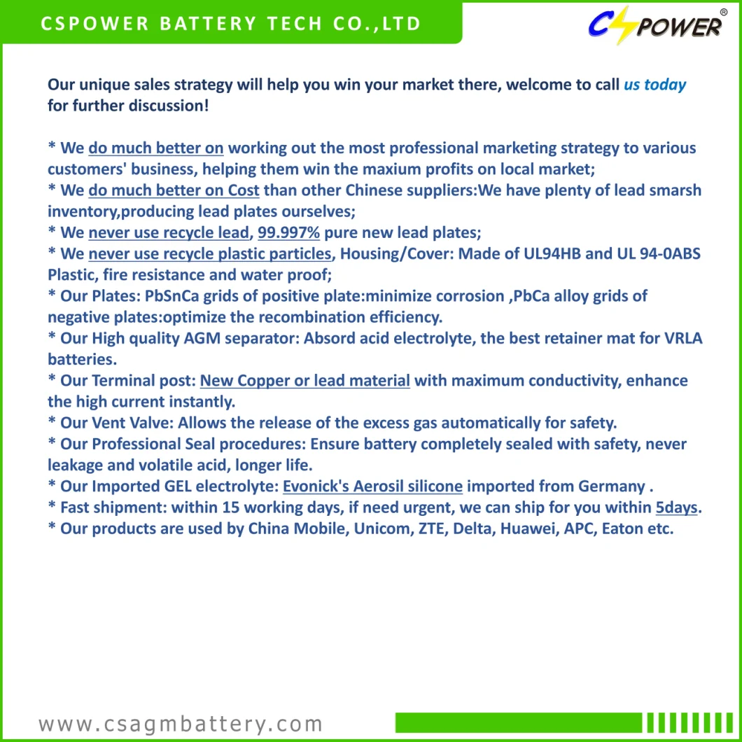 Cspower Battery 12V Inverter VRLA AGM Telecom Power Battery/Cell Vs Yuasa Battery