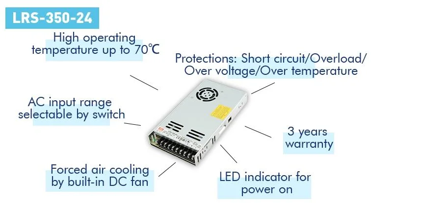 Lrs-350-24 Meanwell Power Inverter 24V 14.6A Lrs-350 350.4W Single Output Switching Power Supply Enclosed AC DC Converter