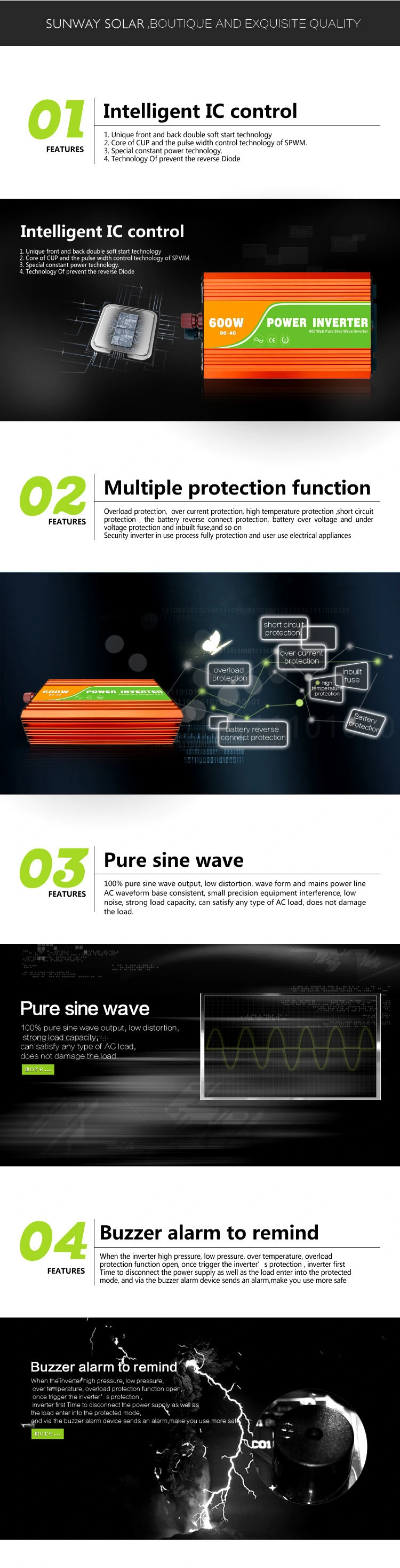 12V 24 Volt 600W 800W Pure Sine Wave DC to AC off Grid Solar Power Inverter