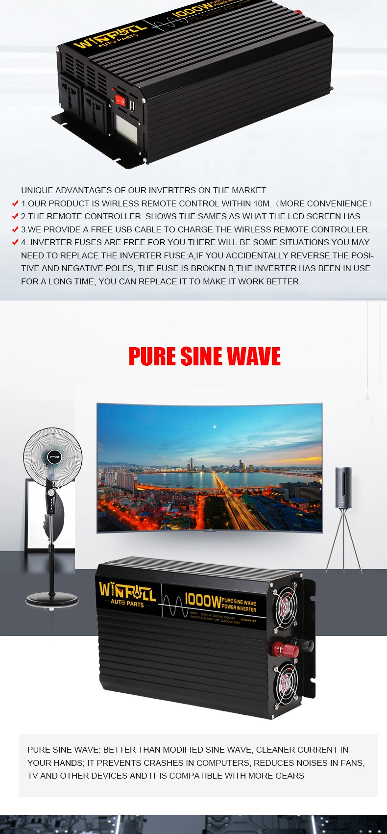 12V/24V DC to AC 110V/120V/220V/230V 1000W Sine Wave Power Inverter