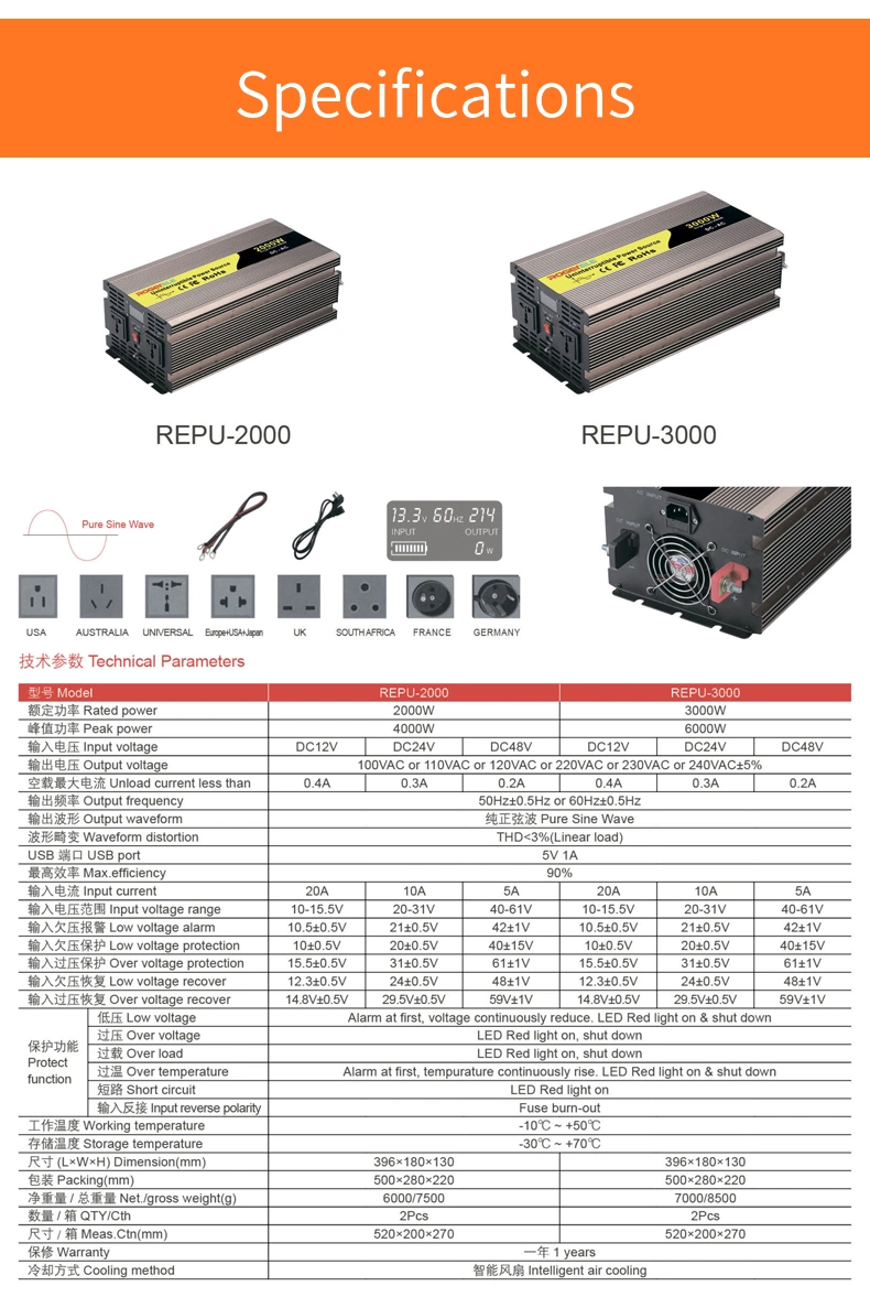 3000W 12V/24V/48V DC to AC 110V/220V UPS Power Inverter with Charger