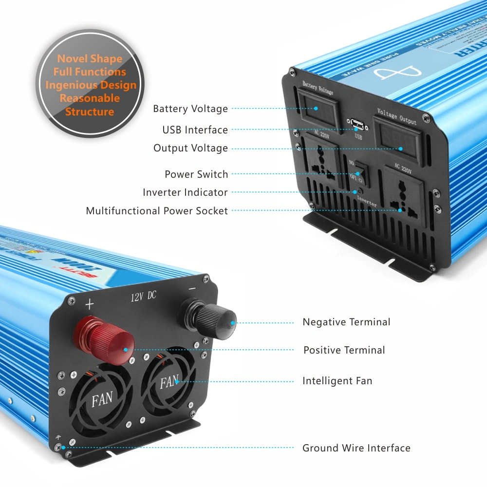 Power Inverter DC 12V/24V AC 220V 2000W, 120vor 230VAC, Pure Sine Wave Inverter