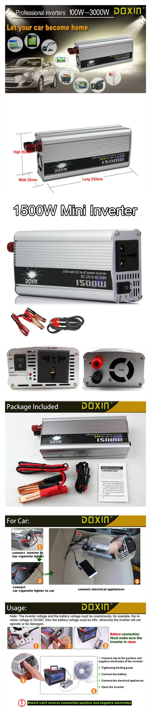 DC-AC Car charge with USB 12V 220V 1500W Power Inverter