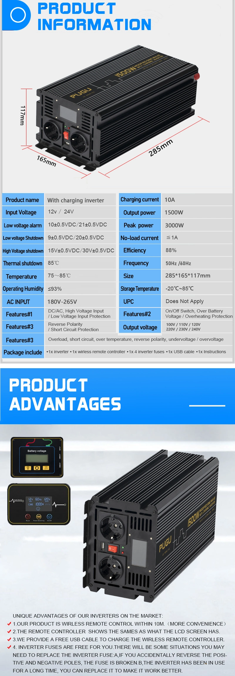 1500W off Grid 12VDC to 120VAC Modified Sine Wave Solar UPS Inverter with Charger