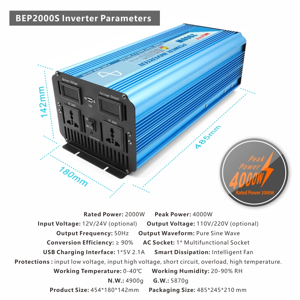 Pure Sine Wave 12V DC to 220V AC 2000W Power Inverter