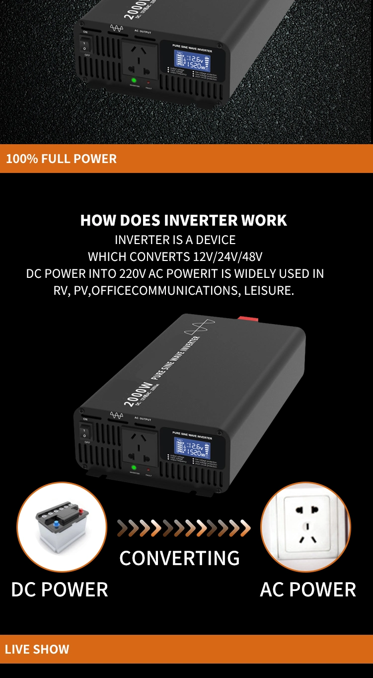 2000W USB 5V AC 12V to DC True Sine Wave Solar Inverter