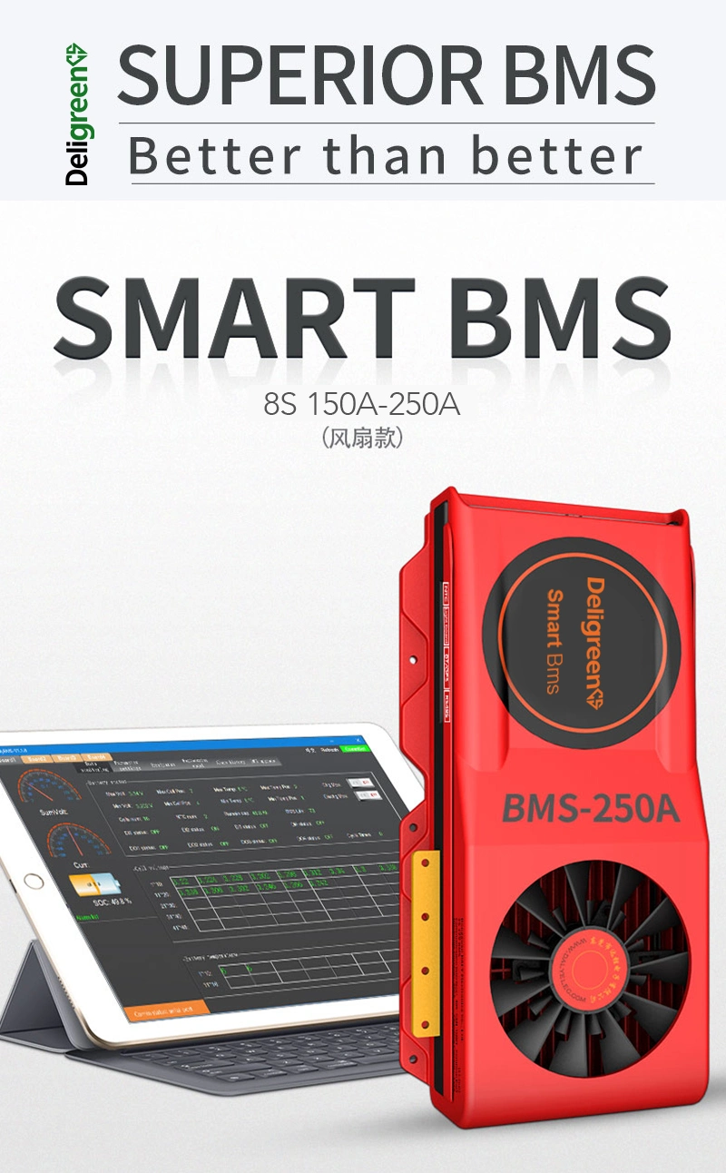 2020 Newest Smart BMS 8s 150A 200A 250A with Fan Uart 485 Bluetooth 24V Faster Cooling LiFePO4 Battery RV Inverter