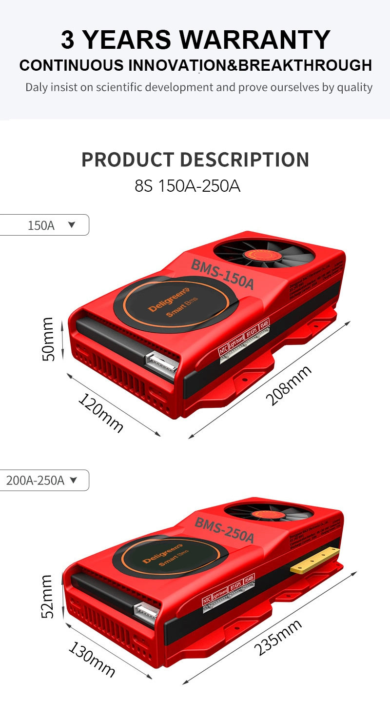 2020 Newest Smart BMS 8s 150A 200A 250A with Fan Uart 485 Bluetooth 24V Faster Cooling LiFePO4 Battery RV Inverter