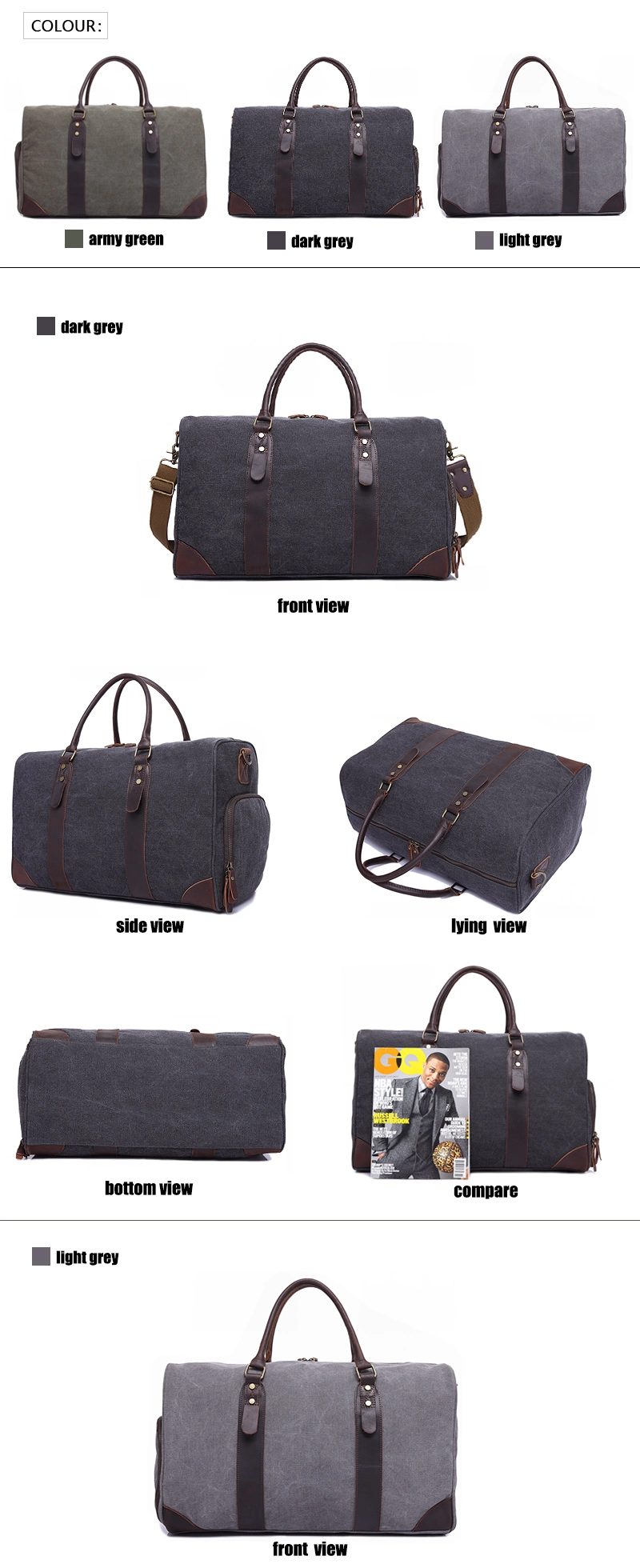Elegant Designer Large Capacity Washed Canvas Leather Travel Duffel Bag with Shoe Compartment