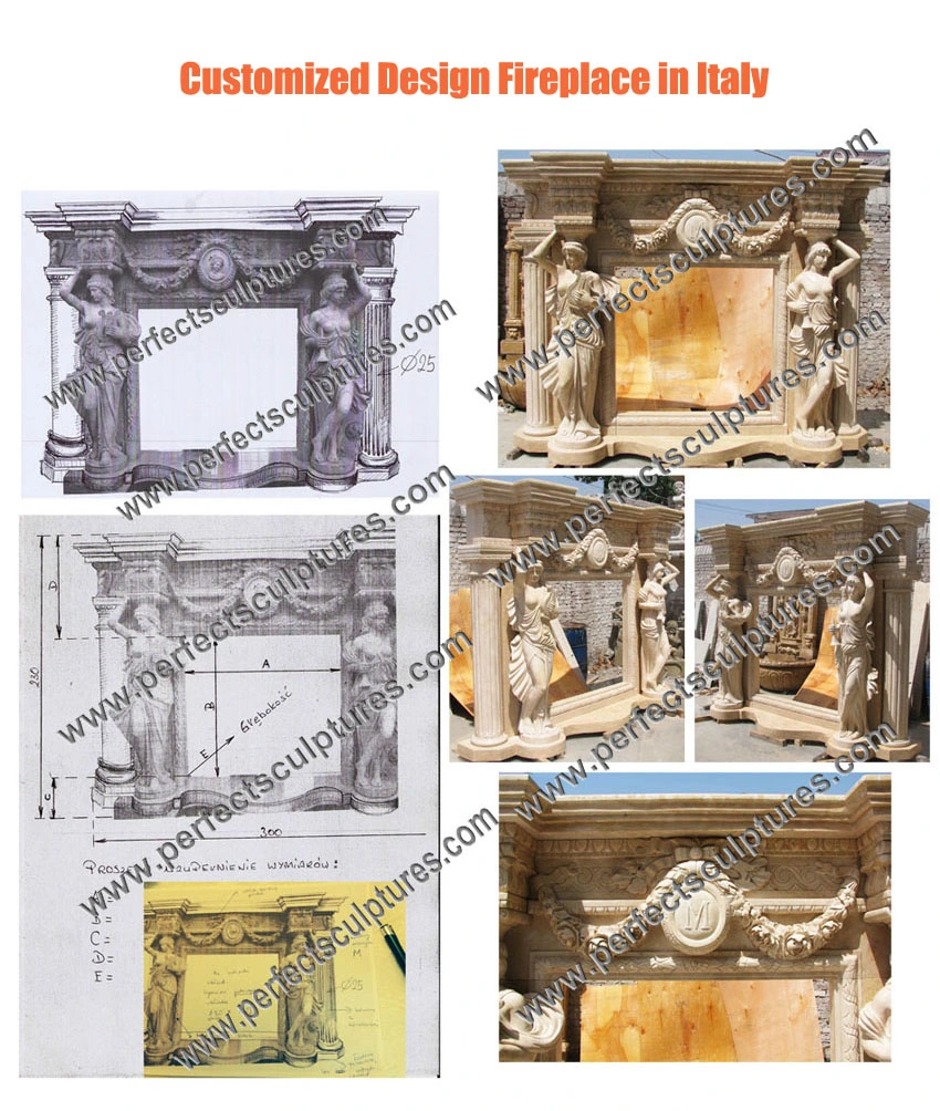 Yellow Beige Sandstone Fireplace with English Style Gothic (QY-LE013)