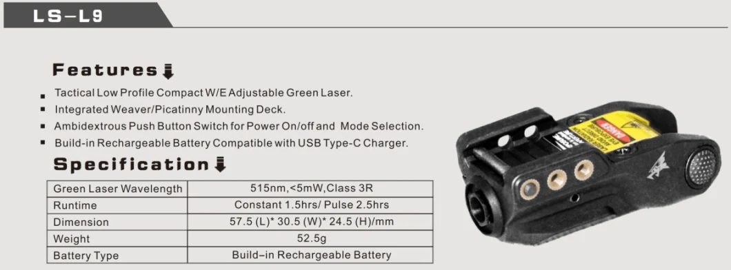 2019 New Low Profile Compact Rechargeable Mini Pistol Green Laser Sight
