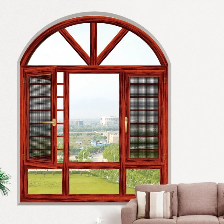 House Antique Wood Color Frame Arched Windows with Grill Design Arched Aluminum Double Opening Window