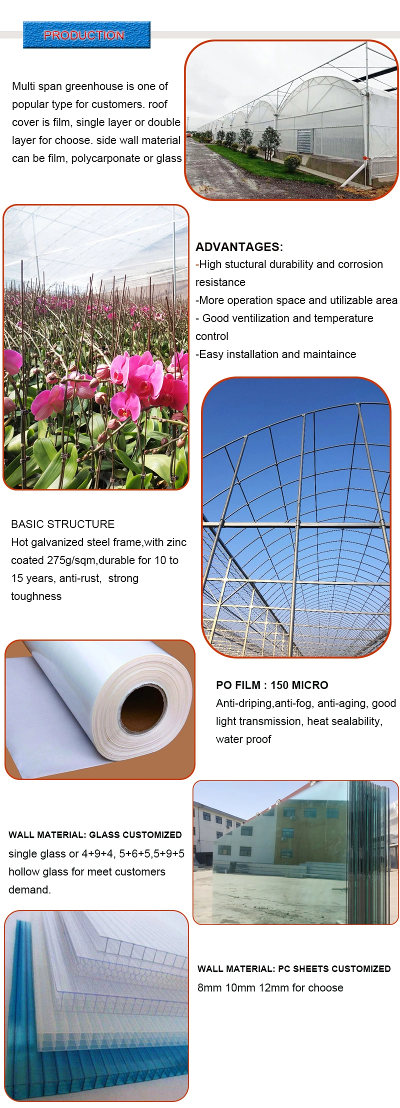 Low Price Commercial Agriculture Greenhouse Wide Po Plastic Film Greenhouse for Farming