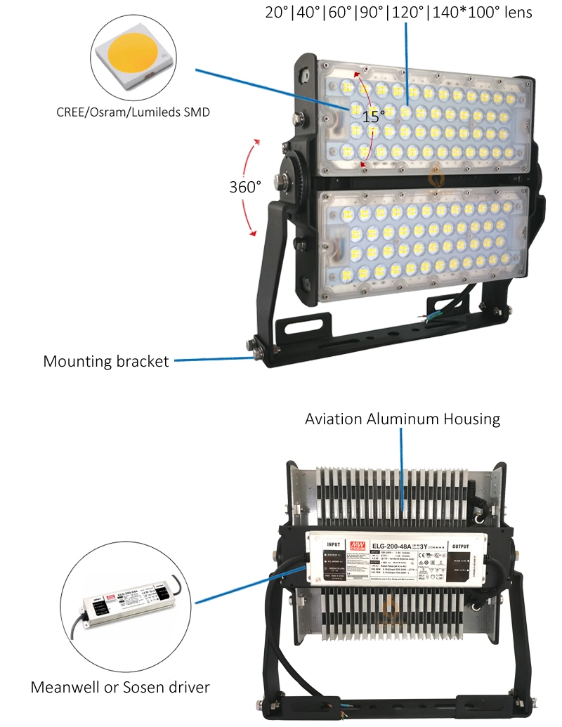 Waterproof 200W Dimmable LED High Mast Flood Tunnel Light for Outdoor Stadium Square Garden Tunnel Lighting