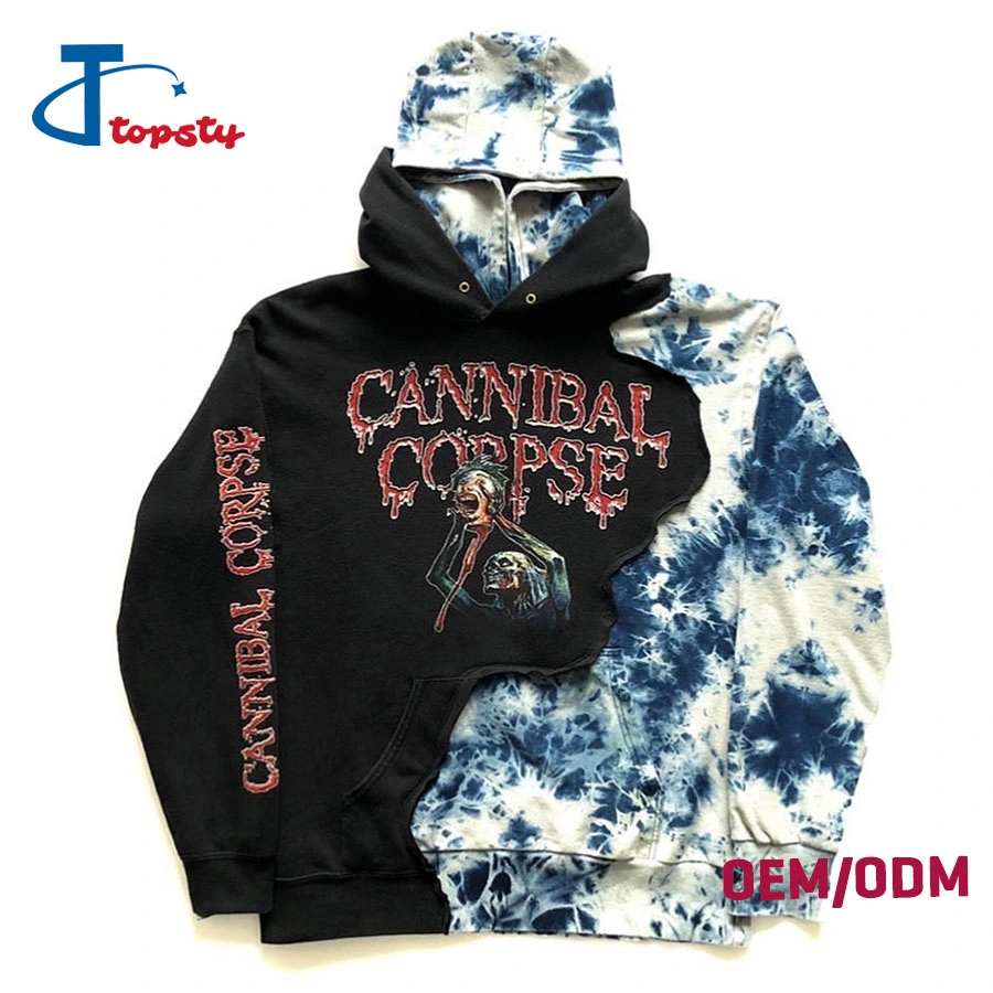 Custom Double Hood Printing Tie Dye Gothic Style Patchwork Washed Hoodies