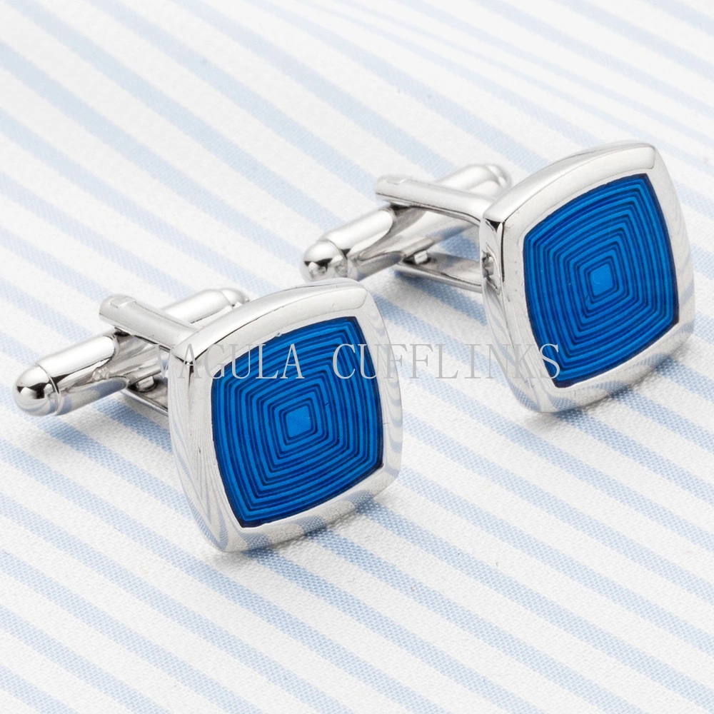 VAGULA Silver Plated Blue Painting Square Wedding Cuff Link 699