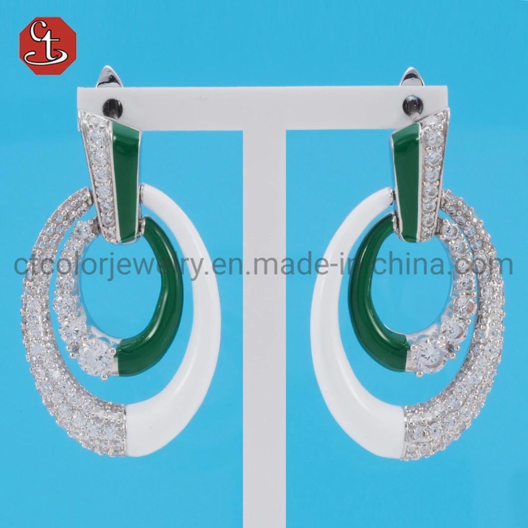 Fashion Geometric Silver or Brass Earring Sterling 925 Silver Jewelry for Women Green Enamel Jewelry